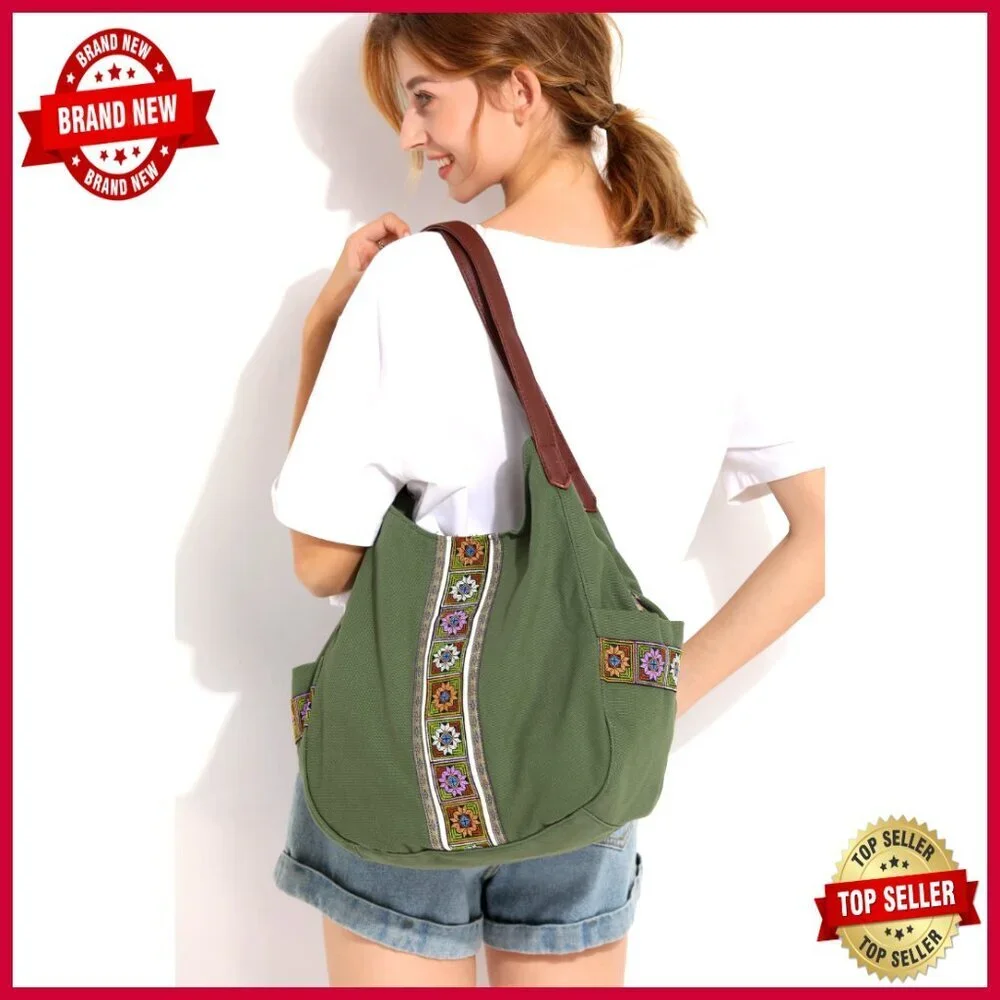 Canvas Hobo Tote Purse with Embroidery Multi Pocket Large Shoulder Bag